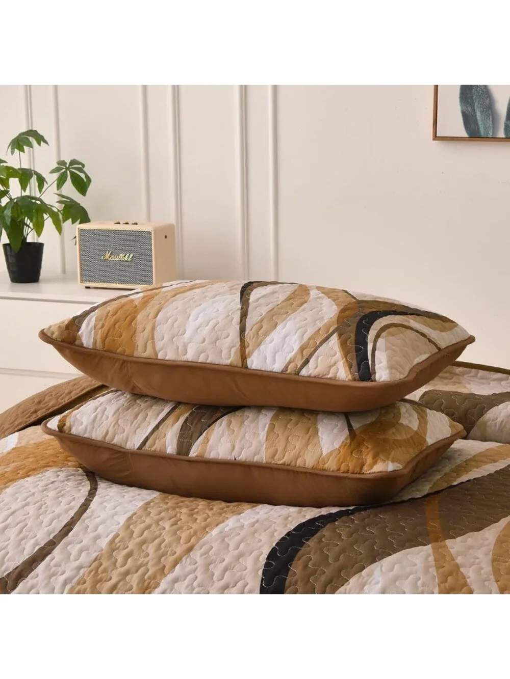 King Size Quilt Set - Brown & Grey Stripe Bedding, 3PCs Soft Microfiber Coverlet